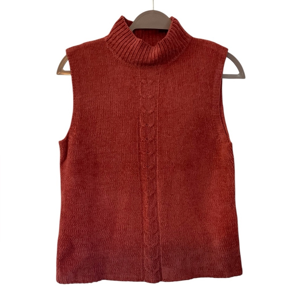 Denim&Co Rust Sleeveless Turtleneck Sweater and Knitted Duster Set - Picture 2 of 7
